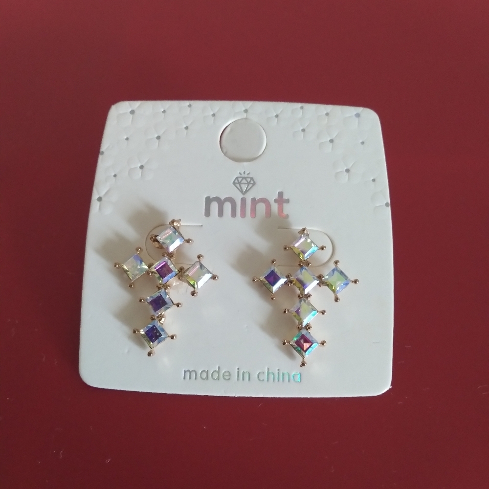 Aurora Borealis Cross Rhinestone Gold Earrings